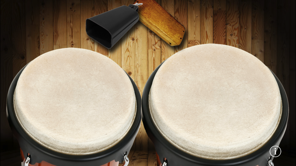 Bongos! - A pair of bongo drums with a cowbell and woodblock on a wooden background