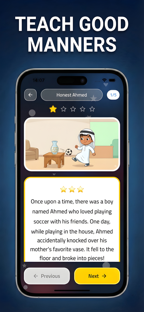 Kids Police: Fake Call Prank - Kids Police app screen showing an educational story about honesty and good manners for children