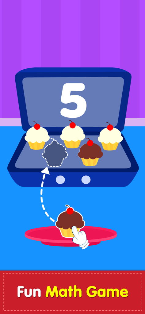 123 Number Math Games for Kids - Juego interactivo de matemáticas para pequeños que muestra una actividad de contar con pastelitos y el número cinco