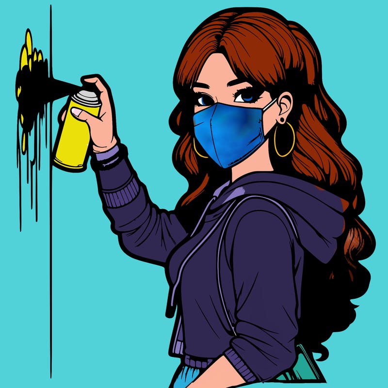realistic girl with mask spray painting a wall