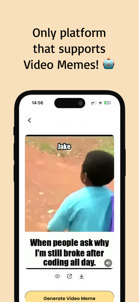 Fai: Free AI Meme Generator - 共感を呼ぶコーディングジョークが表示されたビデオミーム作成機能を備えたFai AIミームジェネレーターアプリ