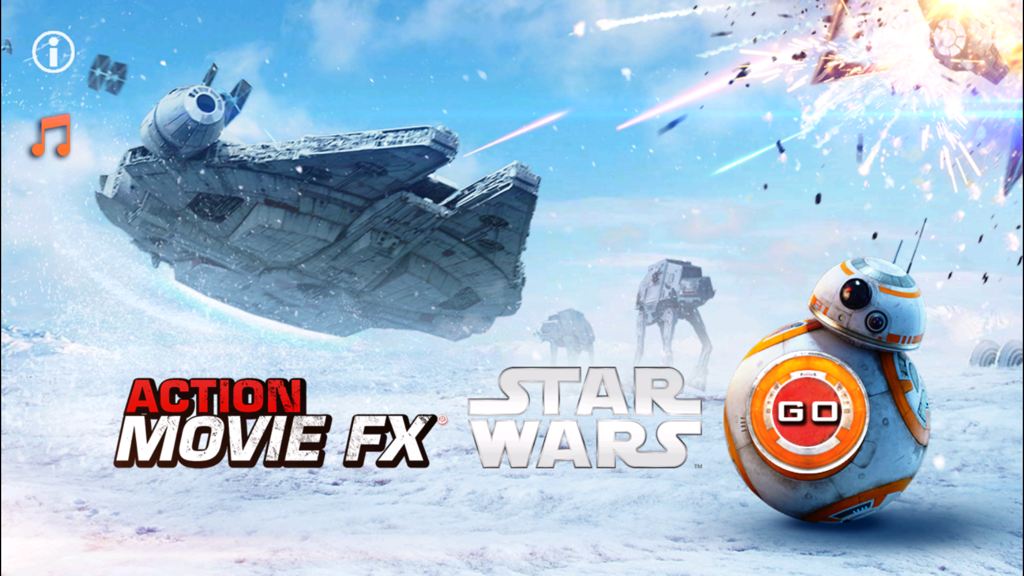 Action Movie FX app screen featuring Star Wars characters BB-8 and the Millennium Falcon in a snowy landscape