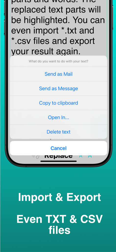 TextReplacer app interface showing export options for TXT and CSV files including email and clipboard