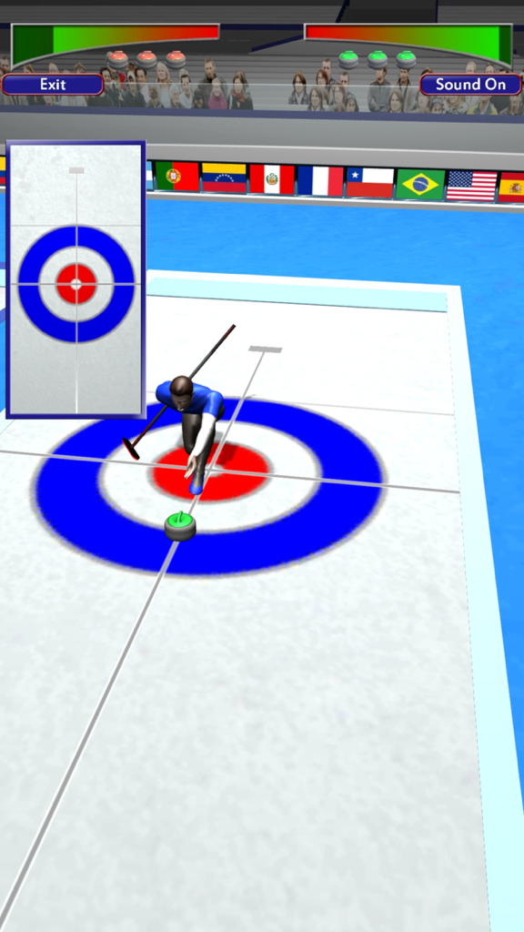 Curling OnLine gameplay showing a player delivering a curling stone on ice towards the house target.