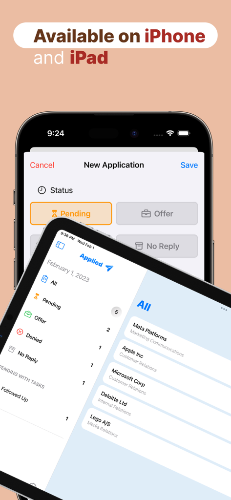 Job search organizer Applied - Interfaz de la aplicación organizadora de búsqueda de empleo Aplicado en iPhone y iPad mostrando el seguimiento de solicitudes de empleo y categorías de estado.