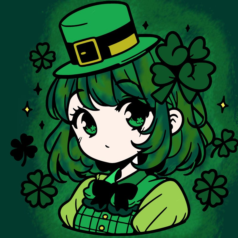 a manga-style girl with clovers around her, a little hat in her hair, like it's saint patrick's day