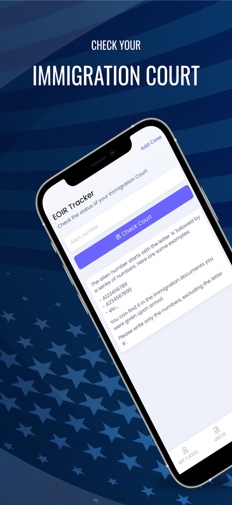 MigraConnect 앱 이민 법원 추적기 인터페이스와 외국인 번호 입력 필드가 있는 스마트폰 화면
