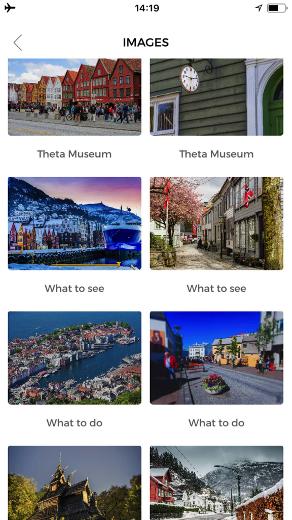 Image gallery of Bergen attractions in the travel guide app including the Theta Museum and city views