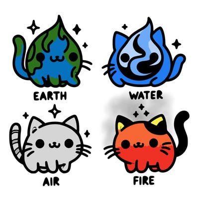 4 cats that represent the different elements, earth, water, air, and fire