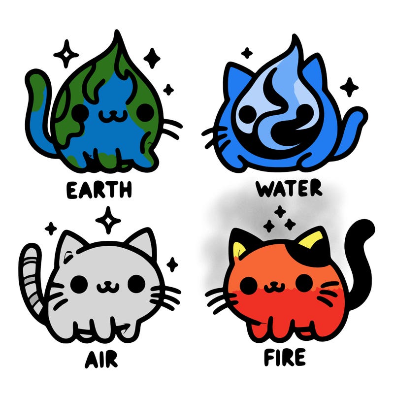 4 cats that represent the different elements, earth, water, air, and fire