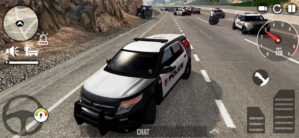 Police Simulator Cop Car Games - Police SUV driving on a highway in a 3D car simulator game with on-screen controls and speedometer