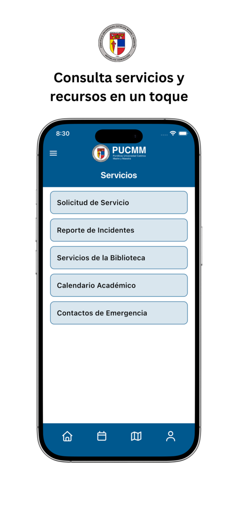 PUCMM - Official PUCMM app services screen showing options for service requests, incident reports, library services, and the academic calendar.