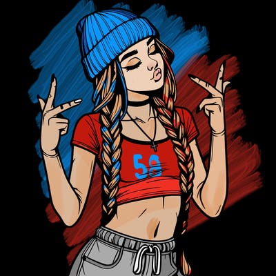 realistic teenage girl with braids and a beanie and crop top doing 🫶🏼