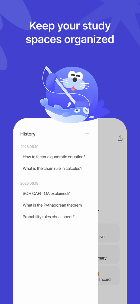 AskSia - Captura de pantalla de la aplicación AskSia que muestra una lista del historial de preguntas de estudio académico como fórmulas de cálculo y álgebra