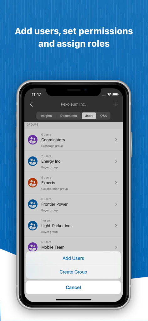 Intralinks App-Bildschirm zum Hinzufügen von Benutzern und Zuweisen von Rollen in einem virtuellen Datenraum.