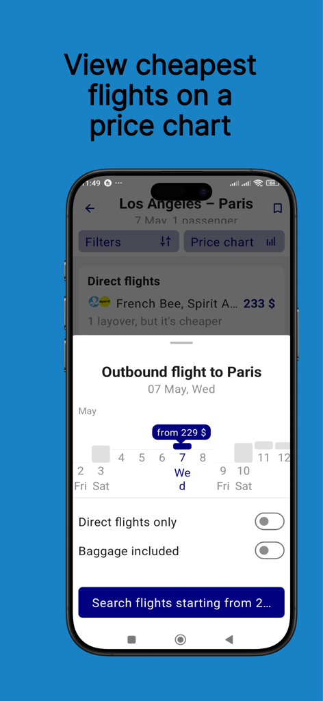 Flights & Cheap Tickets - Mobile app screen displaying a price chart with cheap flight options for a trip to Paris