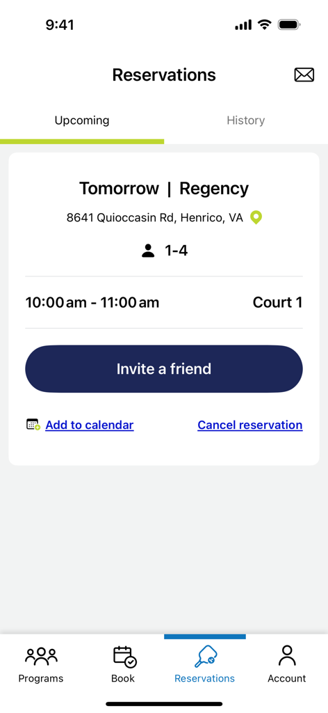 PPBRVA - Performance Pickleball app reservations screen displaying an upcoming court booking in Henrico Virginia