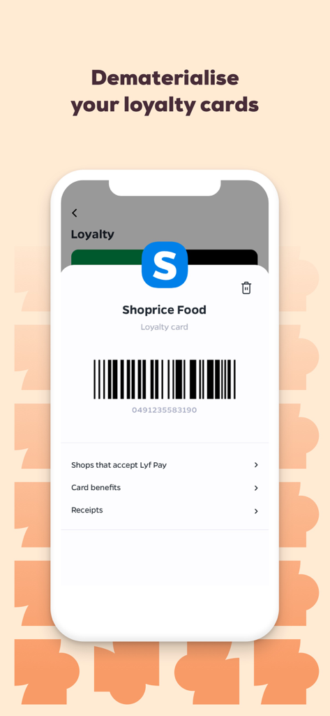 Lyf Pay App-Oberfläche, die eine digitale Treuekarte für Shoprice Food mit einem Barcode zeigt