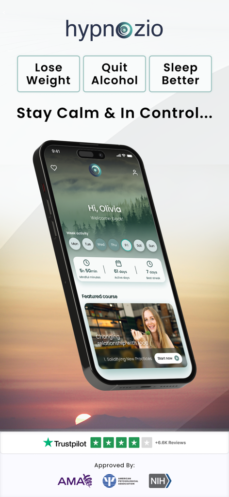 Interface de l'application Hypnozio affichant les programmes de perte de poids, de réduction de l'alcool et d'amélioration du sommeil avec des témoignages professionnels.