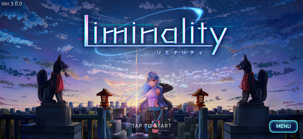 A tela de título do jogo de ritmo Liminality com um personagem de anime contra uma paisagem urbana ao pôr do sol com estátuas de raposa