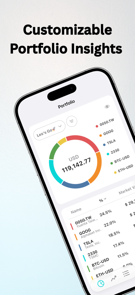 Schermata dell'app Synx che mostra approfondimenti personalizzati sul portafoglio con un grafico a torta dell'allocazione patrimoniale e un elenco di partecipazioni azionarie e crittografiche.