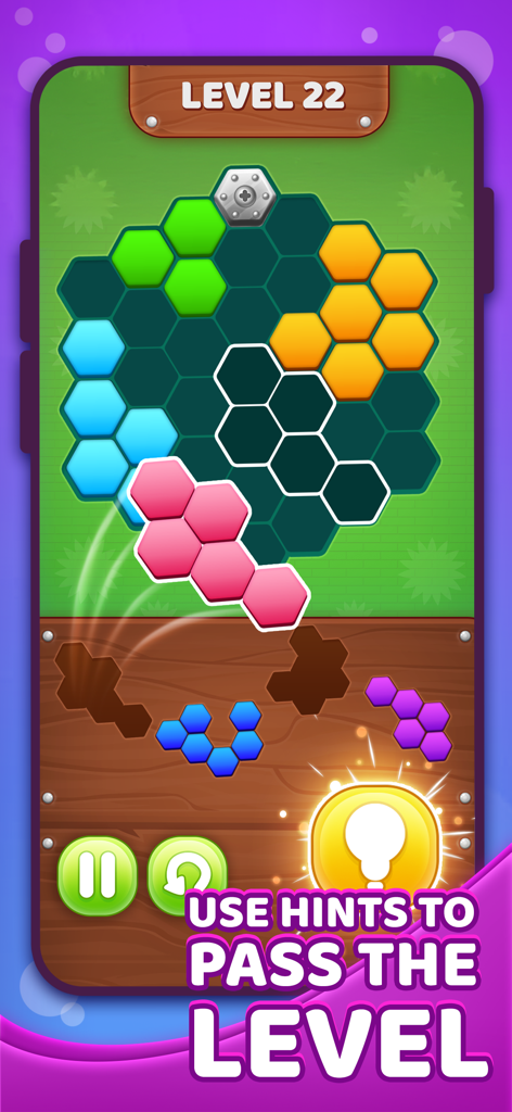 Hex Match: Block Puzzle - Gameplay screenshot of Hex Match Block Puzzle showing colorful hexagonal blocks and a hint feature