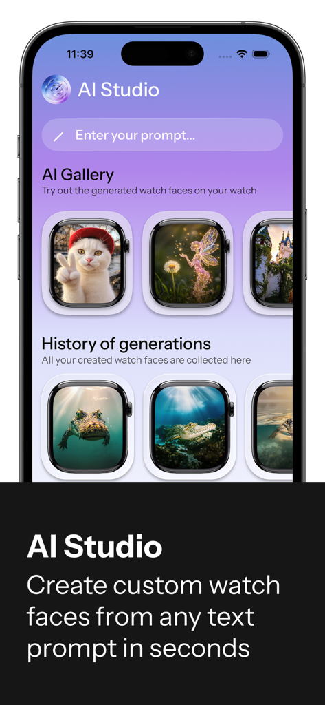 Zonex: Faces Gallery - Interfaz del estudio de IA de la aplicación Zonex que muestra cómo generar esferas personalizadas para Apple Watch a partir de indicaciones de texto.