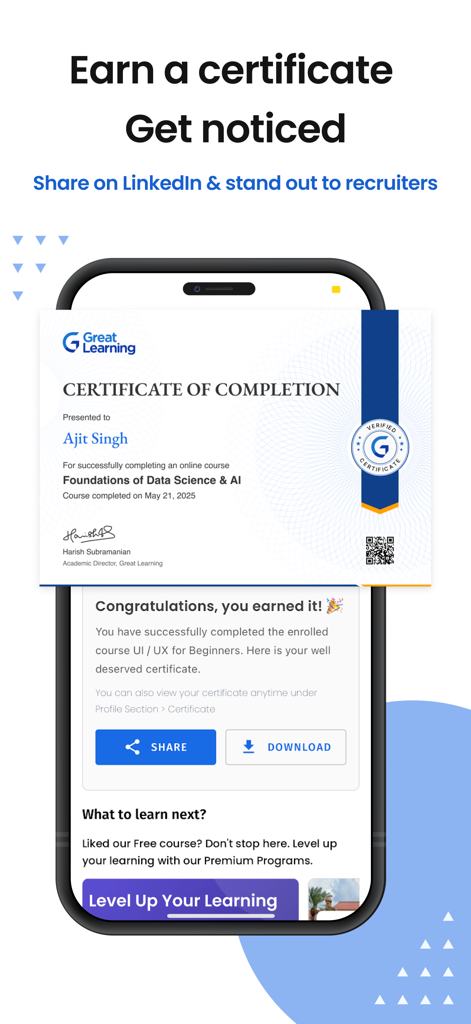 Certificado de finalización de Great Learning para un curso en línea en Ciencia de Datos e IA