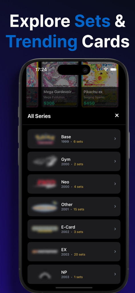 TCG Card Value Scanner: Arcane - Mobile screen showing a list of Trading Card Game series and sets in the Arcane app.