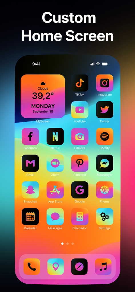선명한 그라데이션 배경에 다채로운 앱 아이콘과 날씨 위젯이 표시된 맞춤형 iPhone 홈 화면.