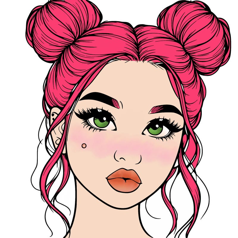 realistic girl with two buns on her hair and lips