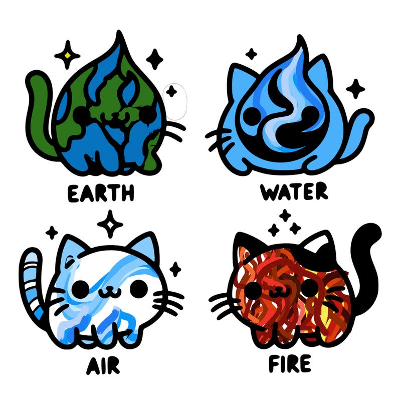 4 cats that represent the different elements, earth, water, air, and fire