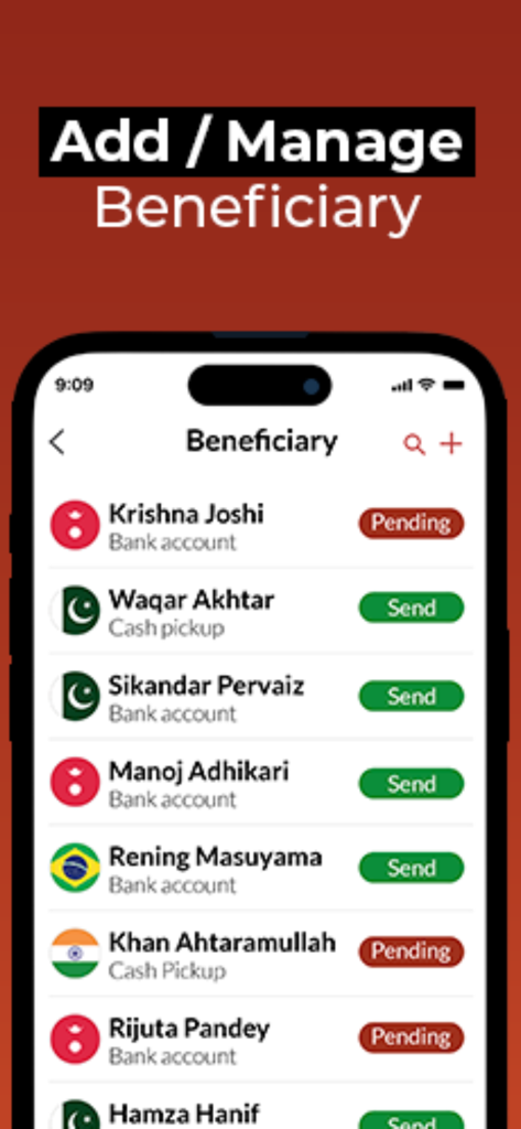 JRF Wallet - JRF Wallet mobile app screen for adding and managing international money transfer beneficiaries