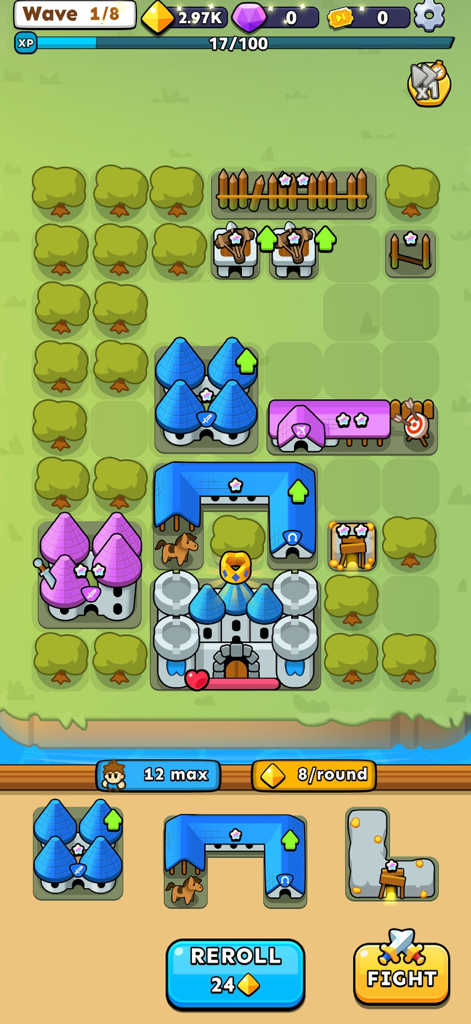 Fortress Merge - Colocación estratégica de edificios y gestión de cuadrícula en el juego móvil Fortress Merge.