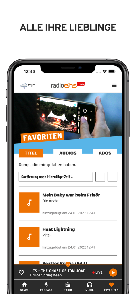 Una captura de pantalla de la página de favoritos de la aplicación radioeins que muestra una lista de canciones guardadas y la reproducción de radio actual.