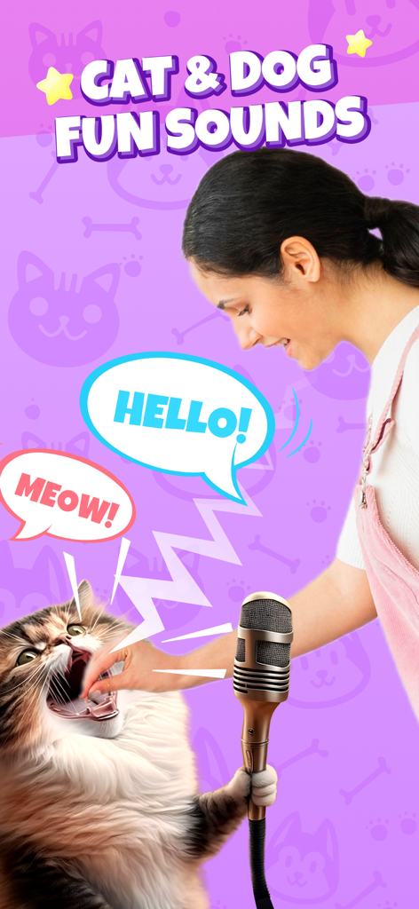 Cat Emotions: Sounds to Pet - Frau benutzt ein Mikrofon, um mit einer Katze durch übersetzte Geräusche zu interagieren