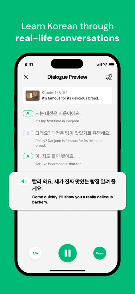 Seyo: Speak Korean Confidently - Seyo app screen showing a Korean language dialogue preview with audio playback and English translations