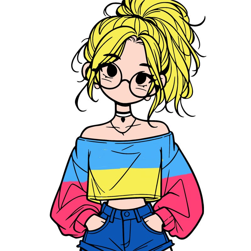 girl with a messy ponytail glasses a baggy crop top and jean shorts