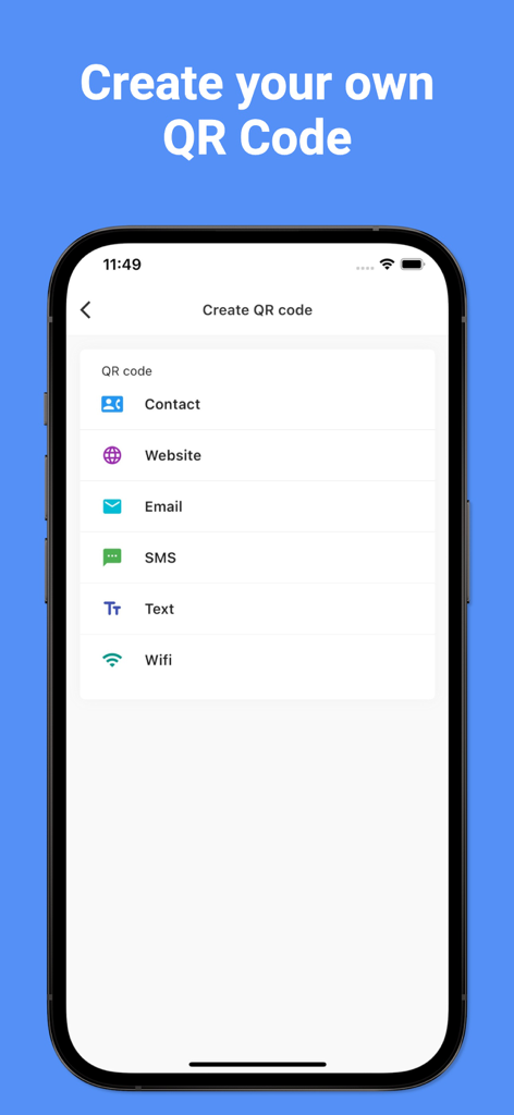 Una pantalla de aplicación móvil que muestra opciones para crear un código QR personalizado para contactos, sitios web, correos electrónicos y wifi.