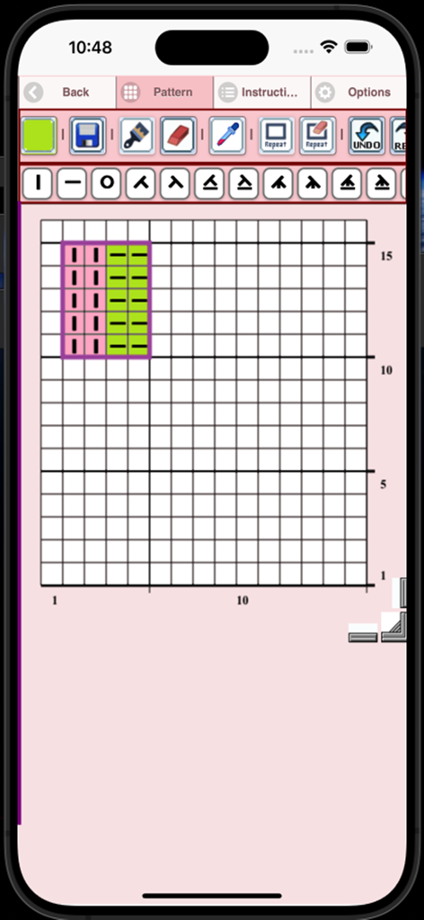 KnitPatternCreator - Knitting pattern chart editor interface with a stitch symbol grid and design tools.