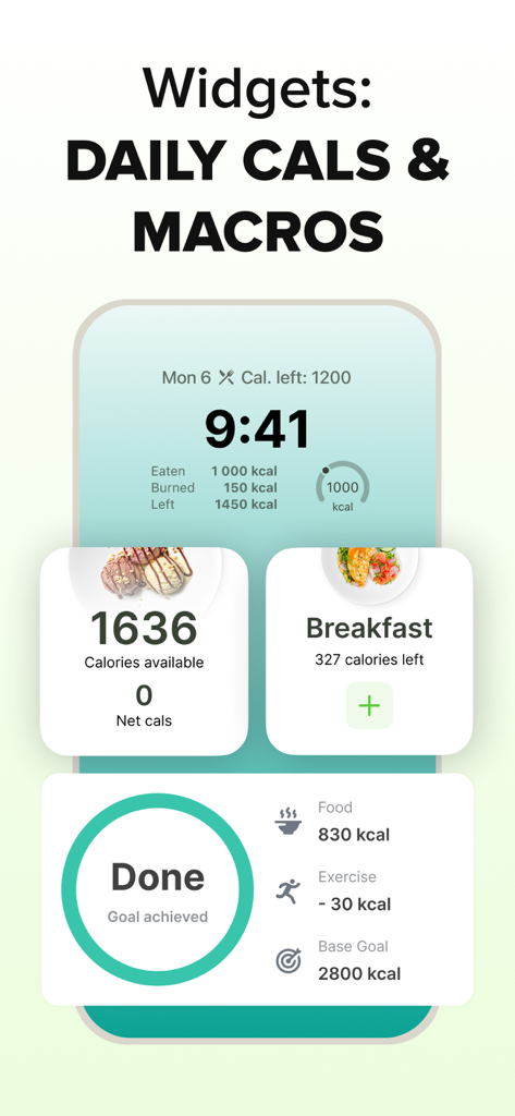 ‎Calorie Counter: Food Tracker - Widgets do iOS para rastreamento diário de calorias e macros no aplicativo Rastreador de Alimentos