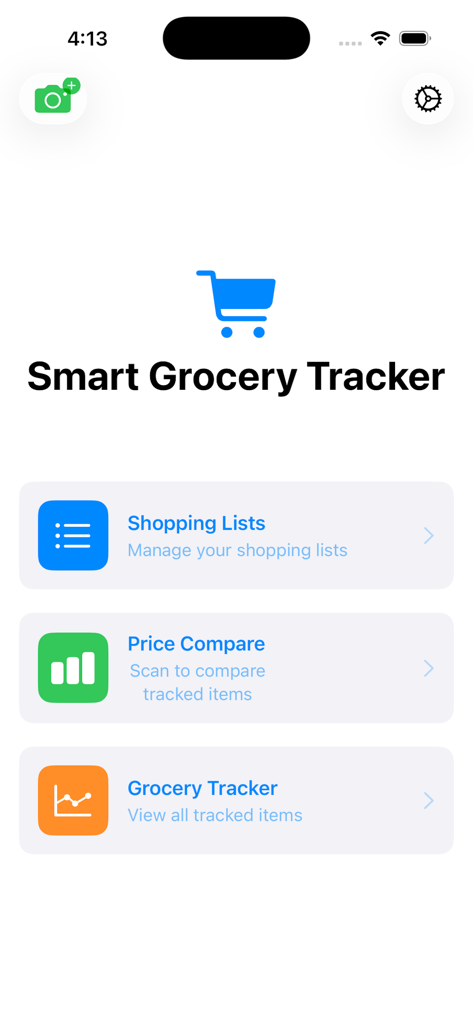 Smart Grocery Tracker - Smart Grocery Tracker main menu showing shopping lists price comparison and price tracking modules