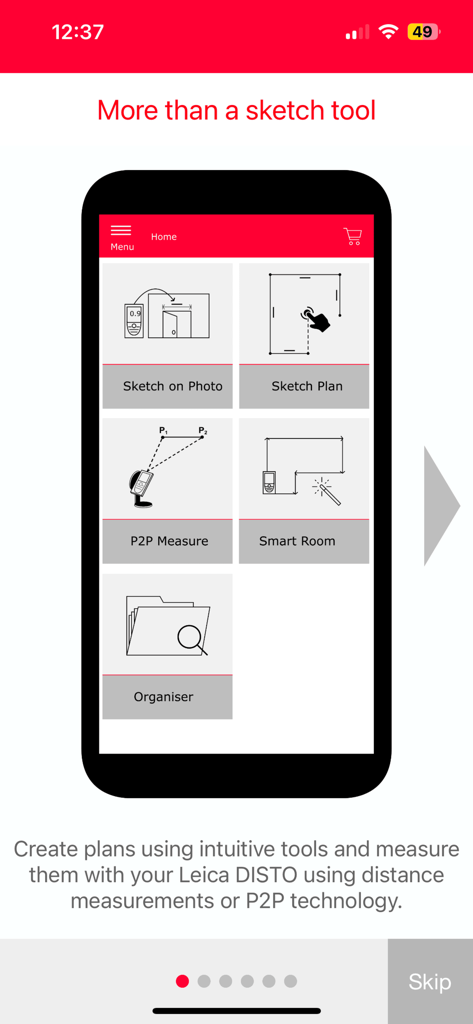 Leica DISTO Plan - Leica DISTO Plan app home screen showing measurement features like Sketch on Photo, Sketch Plan, P2P Measure, and Smart Room.