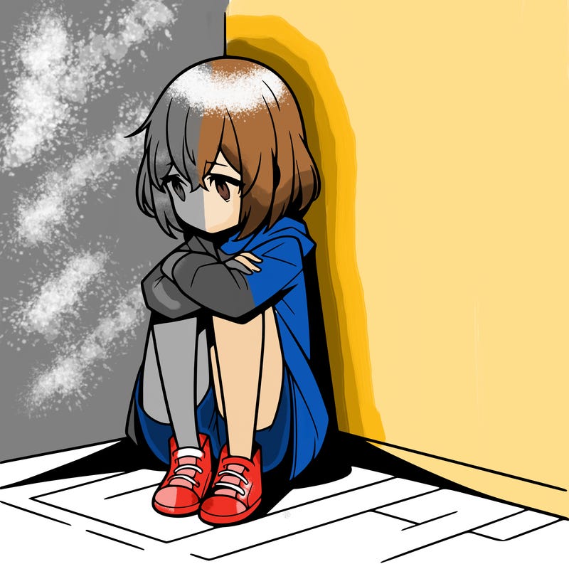 sad anime girl in corner.