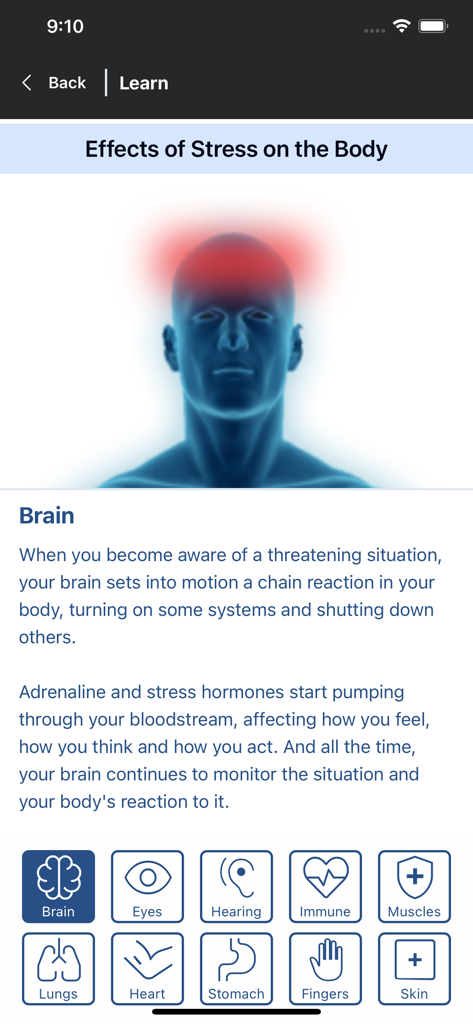 Breathe2Relax - Educational screen showing the effects of stress on the brain and various body systems