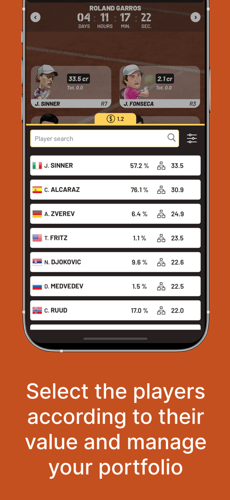 Smash It Fantasy Tennis mobile app screen showing a list of professional players and their market values for portfolio management.
