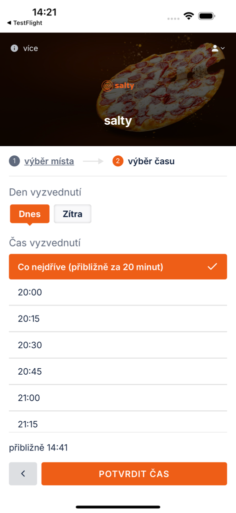 Salty - Salty app screen for selecting food pickup day and time