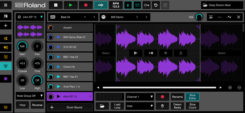 Roland Zenbeats - Roland Zenbeats ZR1 drum sampler and slice editor interface with purple waveforms and mixing controls