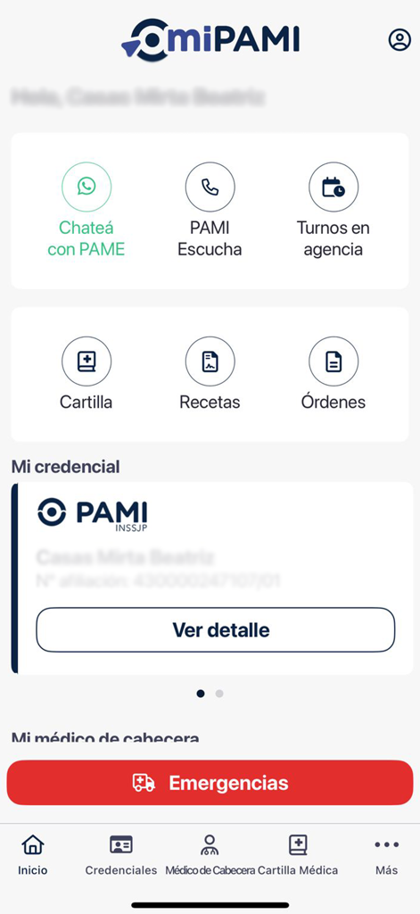 Mi PAMI - Home screen of the Mi PAMI mobile app showing options for medical prescriptions digital credentials and emergency services