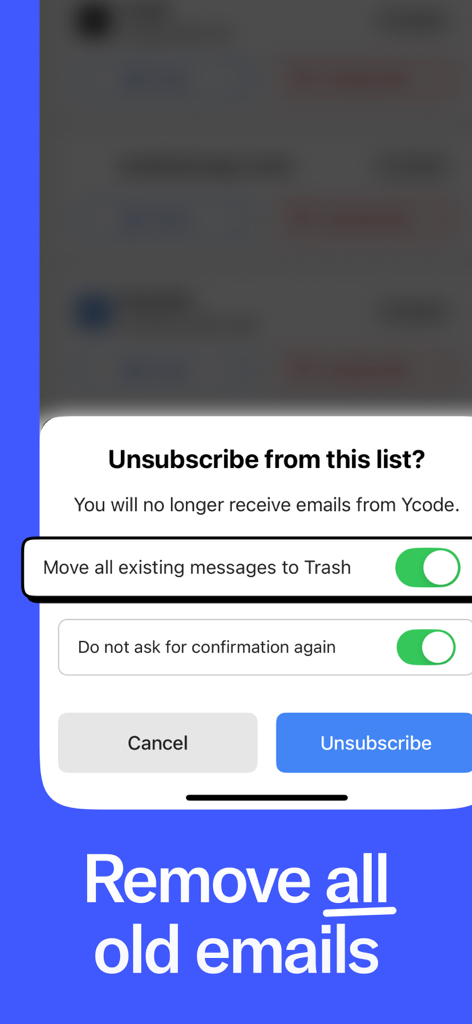 Trimbox: Email Cleaner - A confirmation screen in the Trimbox app for unsubscribing from an email list and moving all existing messages to trash.
